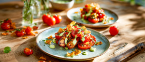 Gew&uuml;rzh&auml;hnchen auf gebratenen Tomaten mit Avocadodressing