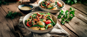 Kartoffelsalat mit grünen Bohnen und Pfifferlingen