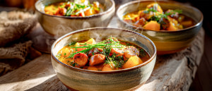 Klarer Kürbiseintopf mit Kartoffeln und Wienerle