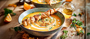 Kürbis-Orangen-Suppe mit Hähnchenspieß