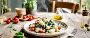 Spinat-Topfen-Gnocchi auf warmem Tomatensalat