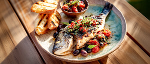 Gegrillte Dorade mit Oliven und Tomaten