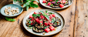 Veganer Auberginensalat mit Basilikum, Minze und Wassermelone