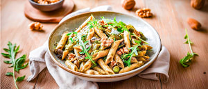 Penne mit Pesto Funghi, Spargel und Rucola
