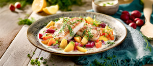 Bachsaiblingsfilet mit Meerrettichkruste und Wurzelgemüse