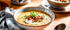 Gem&uuml;secremesuppe mit Berglinsen und Speck