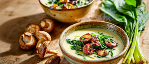 Kartoffel-Mangold-Cremesuppe mit gerösteten Pilzen