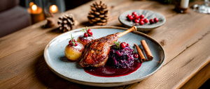 G&auml;nsekeule mit Gl&uuml;hweinso&szlig;e und Cranberry-Rotkohl