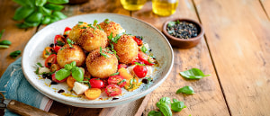 Gebackene Mozzarellakugeln auf Tomatensalat