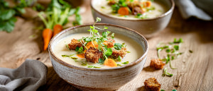 Kartoffel-Kressesuppe mit bunten Karotten