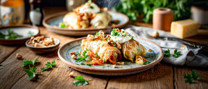 Spitzkohl-Rouladen mit jungen Karotten und Bergkäse gefüllt