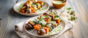 Gegrillter Gemüse-Süßkartoffelspieß mit Kräutersoße