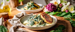 Rahmspinat mit Korn- & Lauch-Bratlingen