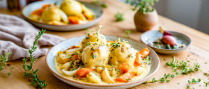 Gef&uuml;llte Kartoffelkl&ouml;&szlig;e mit glasiertem Wintergem&uuml;se