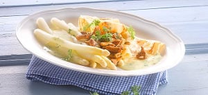 Pfannkuchen mit Pfifferlingen, Spargel und Kräuterhollandaise