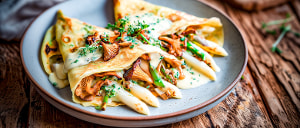 Pfannkuchen mit Pfifferlingen, Spargel und Kr&auml;uterhollandaise