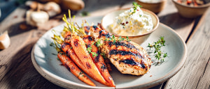 Gegrillte H&auml;hnchenschnitzel auf Karotten mit Honig und Thymianricotta