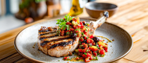 Gegrilltes Schweinekotelett mit mediterraner Olivensalsa