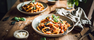 Sommerliche Pasta mit Auberginen-Tomatensugo