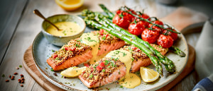 Lachsfilet in Samen-Mix-Meerrettichkruste mit Gr&uuml;nspargel und Sauce Hollandaise