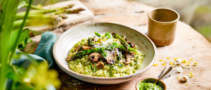 B&auml;rlauch-Risotto mit Pilzen, Spargel und Pesto Verde