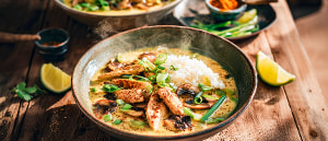 Curry-Reissuppe mit Hähnchenstreifen und Champignons