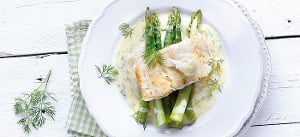 Kabeljau mit Blumenkohl-Petersiliencreme und grünem Spargel