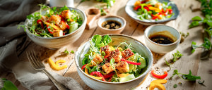 Gr&uuml;ner Salat mit gebackenem Schafsk&auml;se und Paprika in Tomatendressing