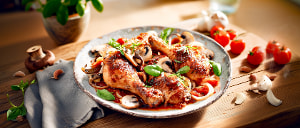 H&auml;hnchenkeulen mit Champignons in Tomatenso&szlig;e mit Basilikum