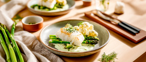 Kabeljau mit Blumenkohl-Petersiliencreme und gr&uuml;nem Spargel