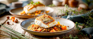 Zanderfilet auf K&uuml;rbis-Linsengem&uuml;se