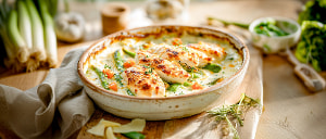 Auflauf mit Fr&uuml;hlingsgem&uuml;se und H&auml;hnchenfilet