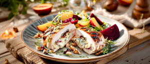 Gegrilltes H&auml;hnchen-Saltimbocca mit Rote Beete-Pfirsichsalat