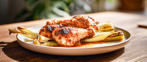 Scharfe H&auml;hnchenkeulen mit gegrilltem Lauch in Tomatendressing