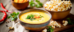 Kalte Paprika-Joghurtsuppe mit Popcorn