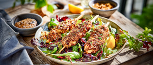 H&auml;hnchenbrustspie&szlig;e im Samen-Mix-Mantel mit sommerlichen Blattsalaten