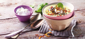 Gemüsecremesuppe mit Berglinsen und Speck