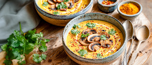 Kokos-Kürbissuppe mit Grünkernen und Champignons