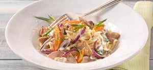 Spaghetti-Nester mit Aprikosen und Hühnchen