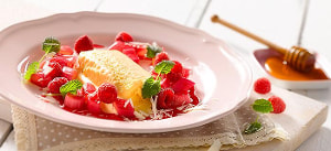 Weißes Honig-Schokoladenparfait mit Rhabarber